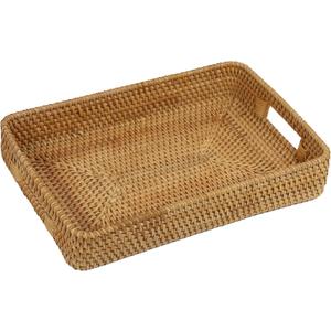 Rattan Serving Tray, Rectangle Coffee Table Tray with Handles, Decorative Ottoman Tea Tray Wicker Basket for Coffee, Bread, Fruits, Snacks, Breakfast, Drinks, Table Decor