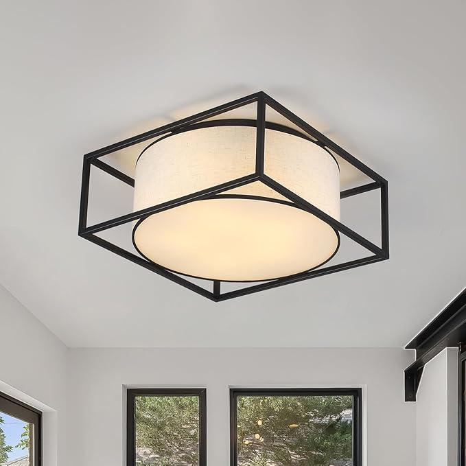 Semi Flush Mount Ceiling Light Fixture, 5-Light Fabric Drum Shade Lights with Black Metal Frame, Entryway Light Fixtures, Close to Ceiling Lights for Bedroom, Living Room, Kitchen, Hallway