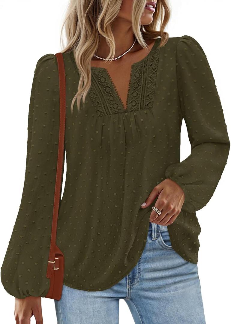 MEROKEETY Women's Fall Long Sleeve Blouse Shirt 2025 Dressy Casual Crochet Lace V Neck Swiss Dot Tops (L)