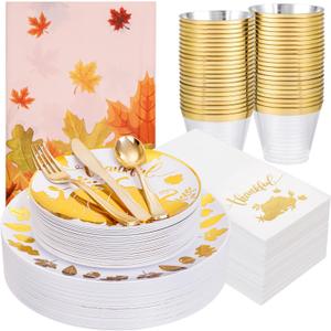 Festiva 176Pcs Thanksgiving Plastic Plates - Heavy Duty Thanksgiving Plates - Thanksgiving Disposable Dinnerware Set include 50 Plates,75 Silverware, 25 Cups, 25 Pumpkins Napkins, 1Tablecloth