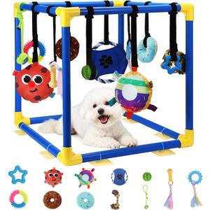Puppy Play Gym with 12 Toys, Removable Dog Enrichment Playground, Interactive Indoor Training Activity Center for Small Dogs & Puppies, Teething & with Squeaky Toys, Fixable, 12 Toys
