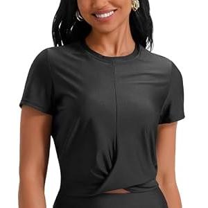 Satin Silk Women's Short Sleeve Shirts Round Neck Summer Causal Crop Tops Twist Front Tee T-Shirt Black Small