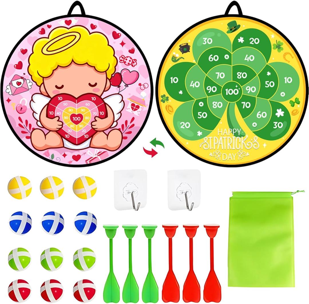 Valentines Day Large Dart Board Game for Kids St. Patrick's Day Large Dart Board with 12 Sticky Balls 6 Darts Valentines Day Indoor Outdoor Party Games for Class School Home Party Favors