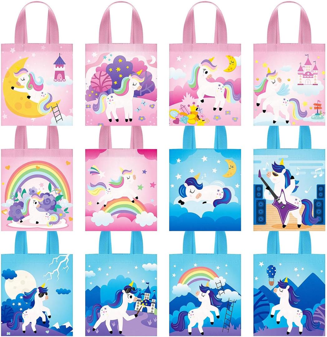 Amylove 24pcs 8 * 8.5in Unicorn Canvas Tote Bag Bulk Reusable Candy Grocery Shopping Gift Mini Canvas Bags 12 Patterns Unicorn Design for Halloween Party Supplies Favors