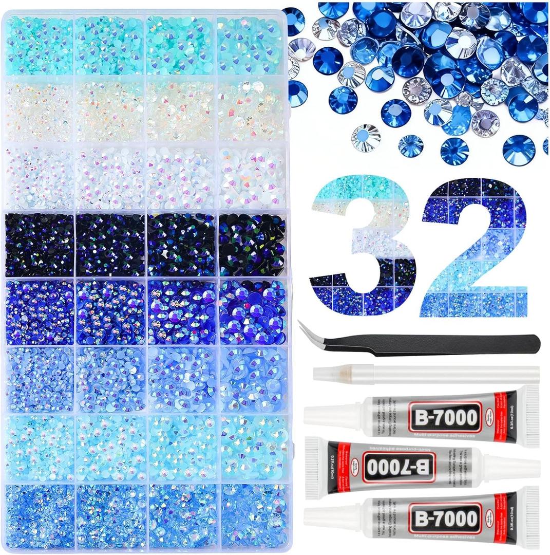 25000Pcs 32 Types Blue Jelly Resin Rhinestones for Bedazzling, Multicolor Flatback Gems for Crafting, Bedazzler Kit with 3Pcs B7000 Jewelry Glue for Clothes Shoes Nail Book Diamond Art (Ultra Large Pack + 3pcs Glue)