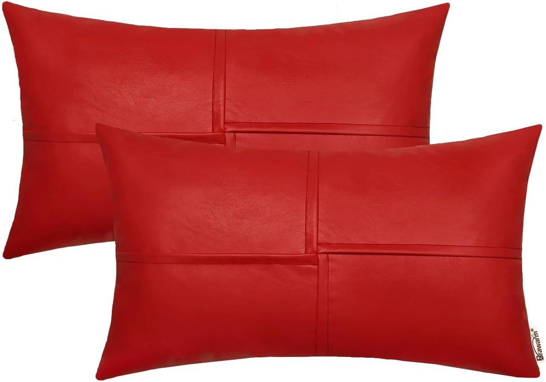 BRAWARM Faux Leather Throw Pillow Covers 12 X 20 Inches, Christmas Red Leather Lumbar Pillow Covers Pack of 2, Hand Stitched Leather Decorative Throw Pillows for Couch Sofa Bed Living Room Home Garden