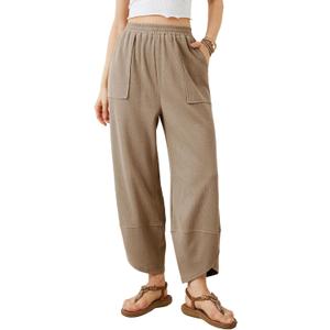 Xiaoxuemeng Womens Baggy Wide Leg Pants Casual Elastic Waisted Palazzo Harem Pants with Pockets (Beige), Medium