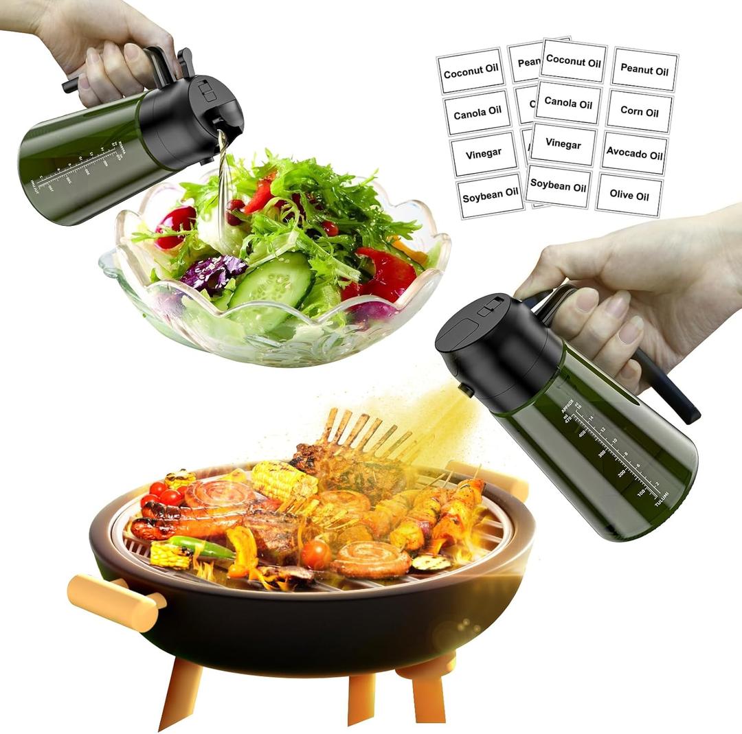 Light-Blocking Dark 16oz/470ml Oil Sprayer for Cooking, 2 in 1 Olive Oil Dispenser Bottle for Kitchen, Glass Oil Bottle with Stickers, Food-Grade Mister for Air Fryer, BBQ, Salad