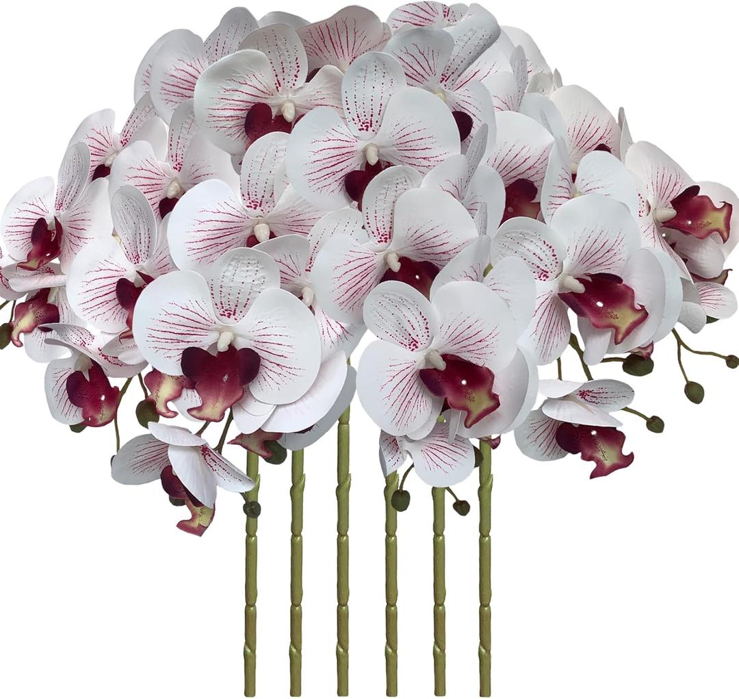 FagusHome 32 Inch Artificial Phalaenopsis Flowers 6 Pcs Artificial Orchid Flowers Stem Plants for Home Dcor (White and Purpleline)