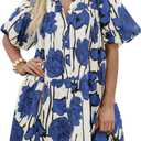Wenrine Women's Summer Button Down Shirt Dress Floral Puff Short Sleeve Casual Loose Fit Beach Mini Dresses (X-Large, Blue)
