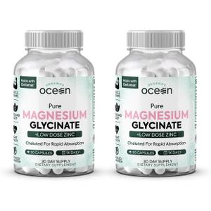 Organics Ocean Pure Magnesium Glycinate with Zinc - Maximum Strength Chelated Magnesium Supplement for Women and Men for Muscle Cramps and Sleep Support - 2 Bottles EXP:12/2030