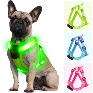 Light Up Dog Harness for Small Dogs Rechargeable, LED Dog Vest Harness, Adjustable Illuminated Glow in Dark Dog Harness for Puppy Night Safety Walking 360 True Illumination-Green