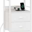 Furologee End Table with Charging Station, Nightstand with Fabric Drawers, Side Tables with USB Ports & Outlets, Night Stand with Storage Shelf & Hooks, for Living Room/Bedroom, White