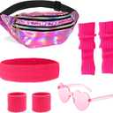 80s Workout Outfit for Women Neon Leg Warmers Headband Wristbands Holographic Fanny Pack Sunglasses for Yoga Running (Rose)
