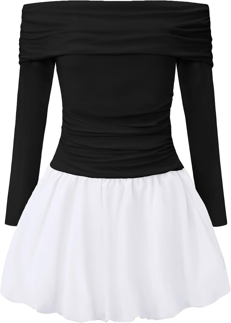 EXARUS Girls Dress Off The Shoulder Bodycon Bubble Long Sleeve Teen | Tween Homecoming Graduation Dance Formal Prom Party Cocktail New Year Stretchy Ruched Mini A-Line Dresses Kids
