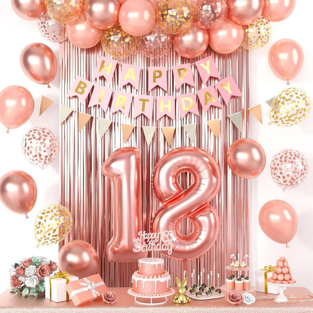 18th Birthday Decorations For Her, Rose Gold Happy Birthday Party Decorations With Number 18 Balloons Gold Confetti Helium Balloons Flag Banner Fringe Curtain Cake Topper For Girl Woman Party Decor
