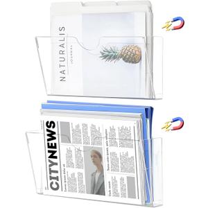 Qozary Clear Acrylic Magnetic File Holder - 2 Pack Magazine Rack for File Cabinets, Magnetic Mail Holder, File Organizer for Refrigerator, White Board, Office (Transparent, Medium)