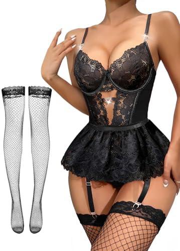 Lilosy Sexy Stocking Rhinestones Heart Garter Underwire Floral Mesh lace Sheer Babydoll Lingerie Teddy Bodysuit Skirt Set M