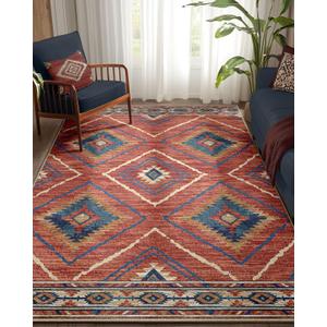 Area Rug 5x7 Rug Machine Washable Non-Slip Low Pile Print Pattern Western Rug for Living Room Bedroom Entryway-Red/Orange (5' x 7' (Rectangular))