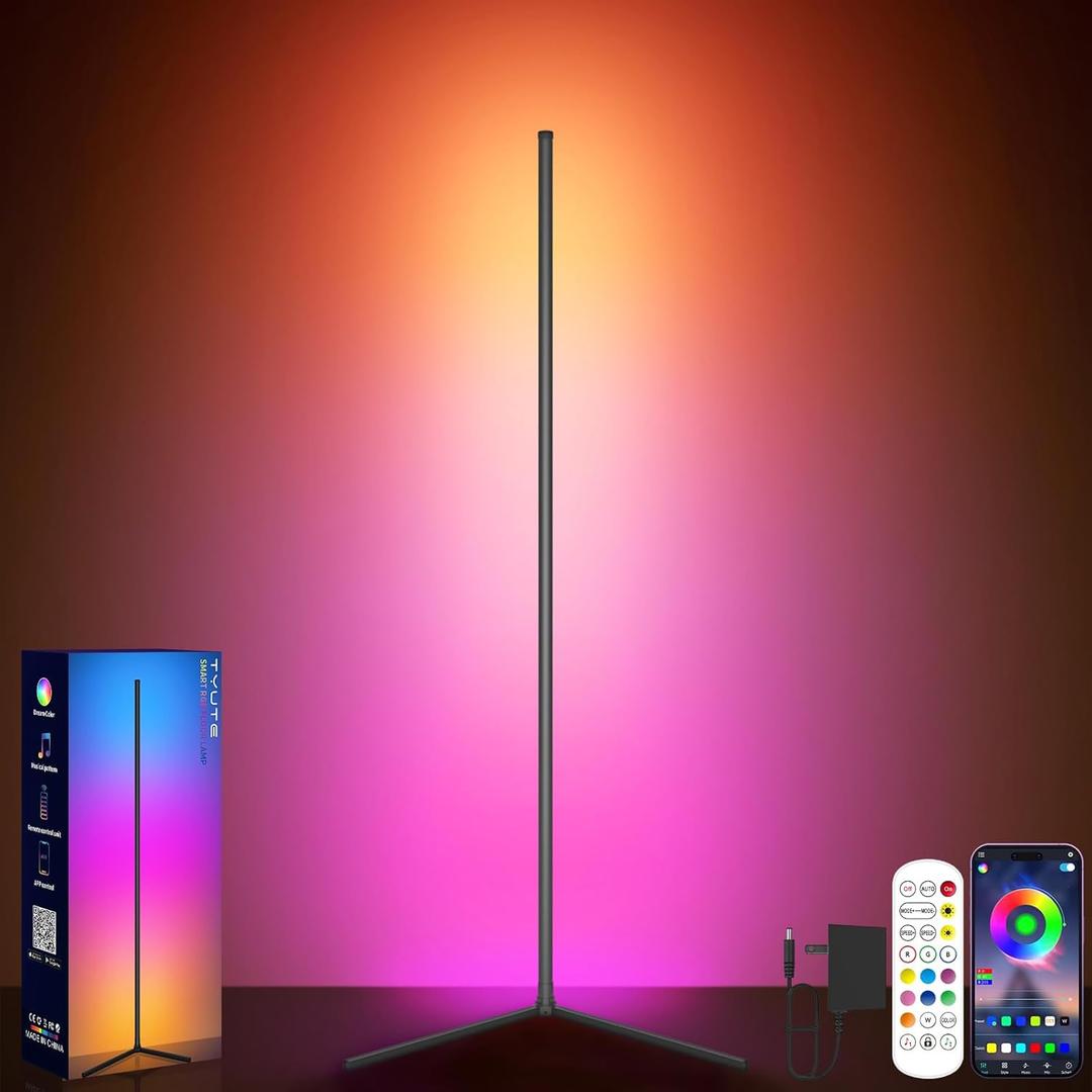 Floor Lamp, Led Corner Lamp, RGB Ambient Lighting, Smart Modern Floor Lamp with Remote, Color Changing Dimmable Corner Light with Music Sync, Mood Lighting for Bedroom, Living Room Gaming Room