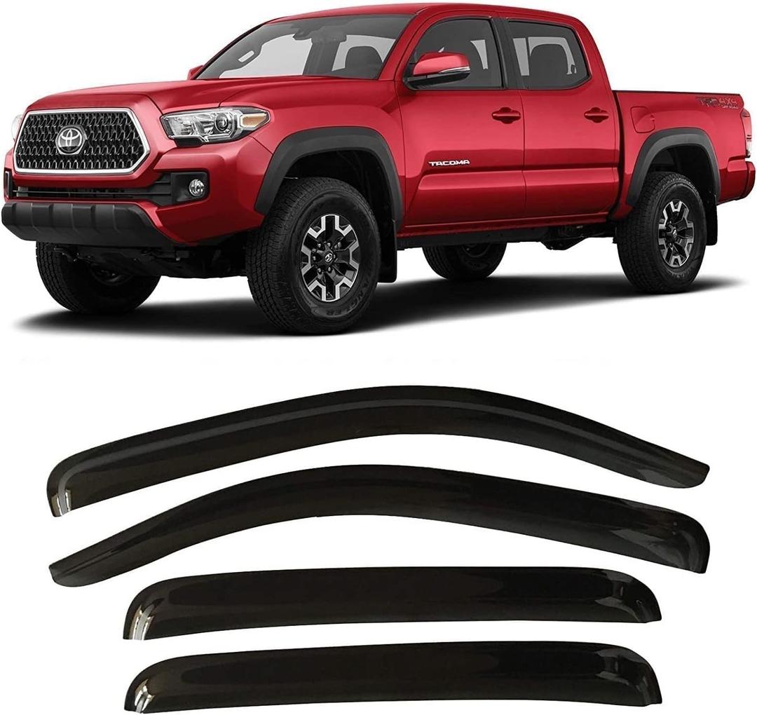 2005-2023 Tape-On Rain Guards for Toyota Tacoma Double Cab Side Window Visor Deflectors Extra Thick Vent Shades 2022 2021 2020 2019 2018 2017 2016 2015