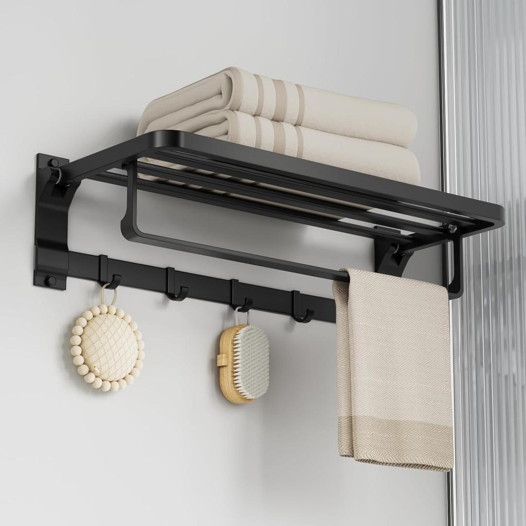 90 Foldable Towel Racks for Bathroom Wall Mounted with Rustproof Aluminum Towel Bar5 Towel Hooks 23IN Shelves Organizers Storage for RV Hotel Lavatory Kitchen Home Decor, Matte Black