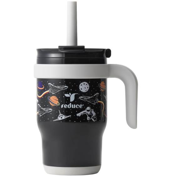 REDUCE 14 Oz Coldee Kids Tumbler with Lid and Straw - Coldee Insulated Travel Mug - Spill-Proof, Sweatproof Stainless Steel, BPA-Free - Includes Handle, Reusable Silicone Straw - Galaxy