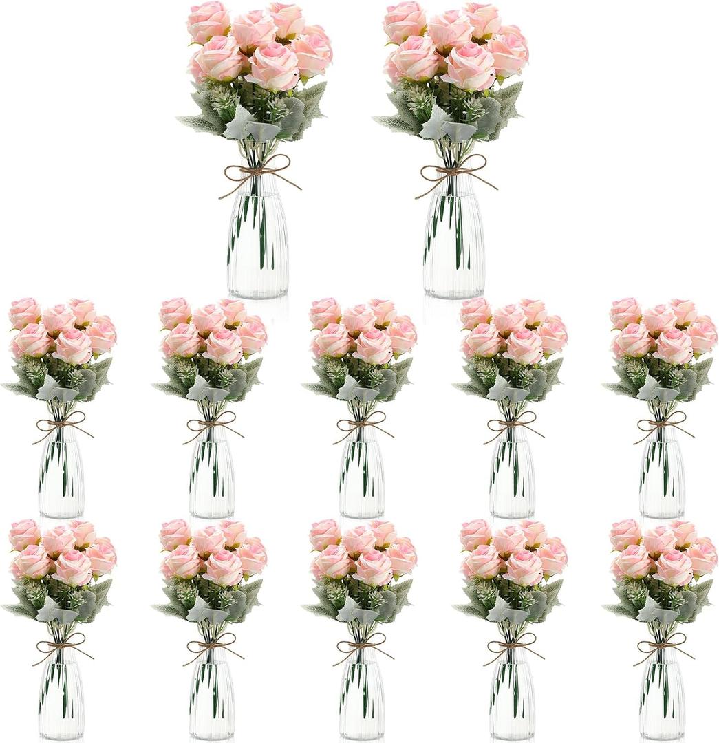 Zeyune 36 Pack Artificial Flowers Centerpiece with Vase Bulk for Wedding Table 24 Bundles Silk Floral Faux Rose Bouquet with 12 Plastic Vase for Bridal Shower Table Decor(Light Pink)