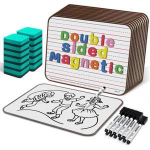 12 Pack Small White Boards, 9"x12" Double Sided Magnetic Dry Erase Boards Personal Handheld Whiteboards with Lines for Kids, Students, Teacher School, Include 12 Markers, 12 Erasers, 12X52 Pcs Letters
