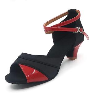 Women's Latin Salsa Dance Shoes,Black Satin Ballroom Heels,Cross-Strap Professional Practicing Shoes (7, Red 1 Inch)