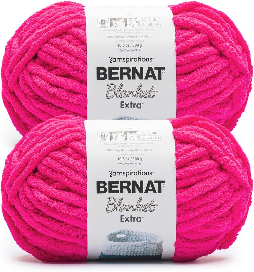 Bernat Blanket Extra Bright Pink Yarn - 2 Pack of 300g/10.5 oz - 100% Polyester - #7 Jumbo - 97 Yards - Knitting/Crochet