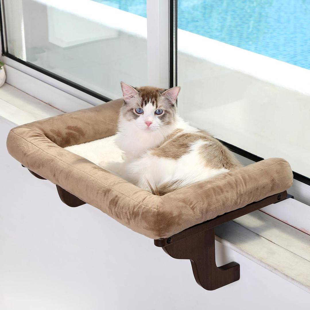 Zakkart Cat Perch for Window Sill with Bolster  Orthopedic Hammock Design with Premium Hardwood & Robust Metal Frame  Cat Window Seat for Large Cats and Kittens  Dark Stained Wood Brown Bed, 24''W