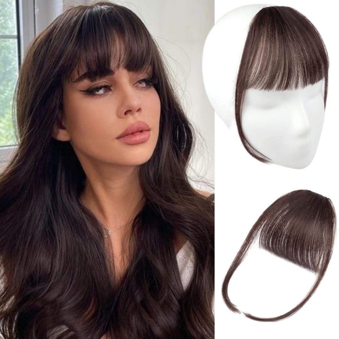 Clip in Bangs Dark Brown Wispy Clip on Air Bangs 100% Real Human Hair Extensions for Women Fringe with Temples Hairpieces Curved Bangs for Daily Wear