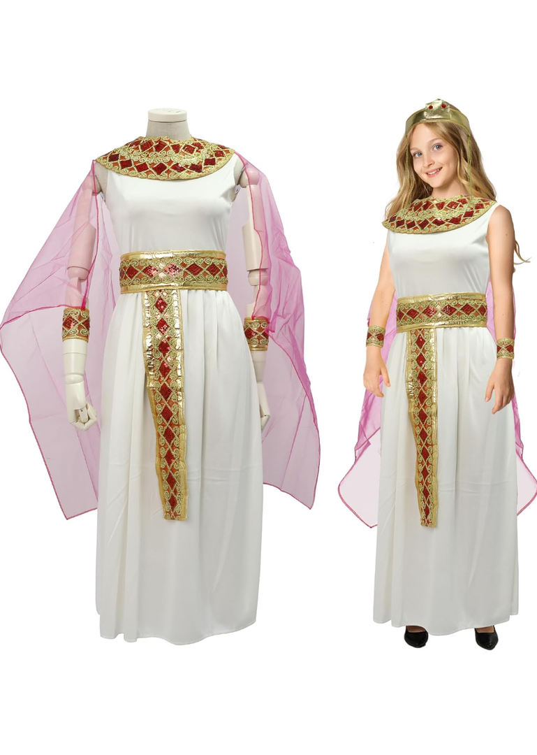 Girls Cleopatra Costume Kids Egyptian Costume Dress Cape Belt Collar Headpiece Wrist Cuffs Egyptian Outfit Large (10-12 years)