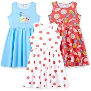 PATPAT Multipack Toddler Girls' Sleeveless Dresses - Breathable Quick-Dry Fabric, Fruit Prints, Perfect for Casual & Outdoor, Size 6-7Y