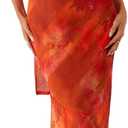 Women Floral Strapless Maxi Dress Sexy Backless Flowy Bodycon Tube Long Dress with Scarf (Red, L)