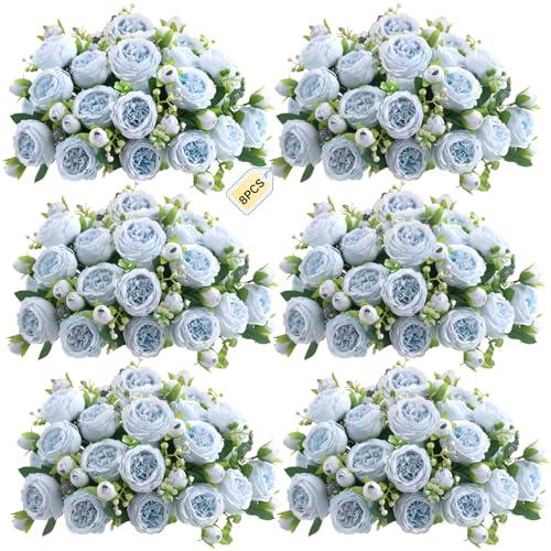 ASTRYAS 8Pcs Peonies Artificial Flowers, Blue Peony Bridal Artificial Peonies, Silk Peony Flowers Fake Artificial Flowers Bouquet for Centerpiece Table Wedding Party Home Decor- Light Blue