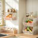 3-Pack Stackable Wire Basket with Wood Lid - Wall Mounted Fruit & Vegetable Bowl for Kitchen, Potato & Onion Storage