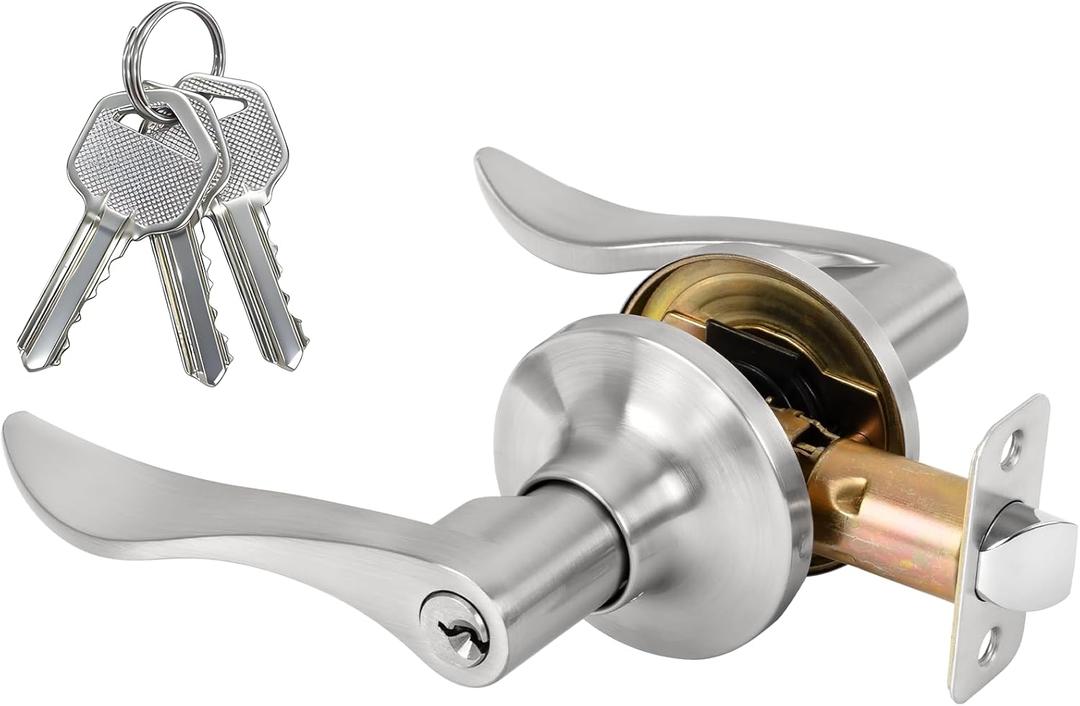 Keyed Entry Door Lever, Door Handle with Lock and Key, Exterior Interior Door Handle for Bedroom, Wave Style Lever Satin Nickel, Reversible for Left/Right