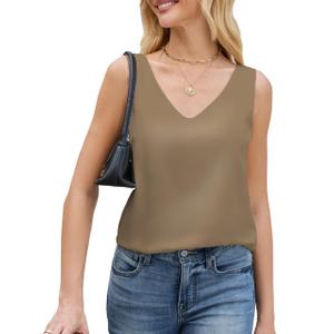 JTD Womens Silk Satin Tank Tops V Neck Dressy Casual Sleeveless Blouses Cami Camisole Summer Basic Tank Shirt Khaki (M)