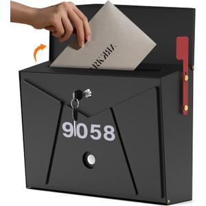 15.7" Width Mailbox Wall Mount with Key Lock & Red Flag, Rust-Proof Metal Mail Box with Waterproof Number Stickers for Outside, Lockable Drop Mail Box for House Apartment 12" H x 4.92" D