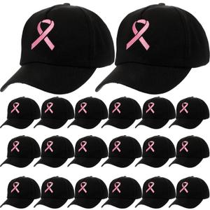 Handepo 20 Pcs Breast Cancer Awareness Baseball Cap with Ribbon Print Adjustable Hat with Hook and Loop for Women Men (as pictures show, Black)