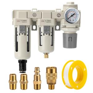 Air Filter Dryer 3/8 NPT Auto Drain+Semi-Auto Drain-Double Air Filters,Air Pressure Regulator,Air Compressor Water Separator(0-150PSI)