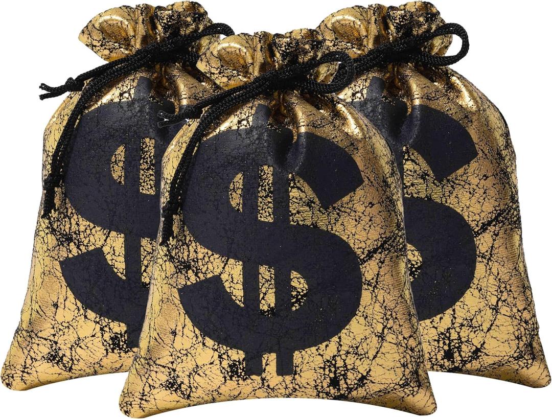 RICHNESS Money Bag with Dollar Sign 4.5X6 Inch Faux Leather Costume Money Bag Pouch with Drawstring Closure Treasure Sack for Bank Robber Old West Pirate Cowboy Casino Theme Party Pack of 12