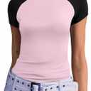 Abardsion Trendy Baby Tees for Women Y2K Shirts Cute Short Sleeve Crewneck Slim Fit Going Out Tops (X-Small, Light Pink & Black-sleeve)