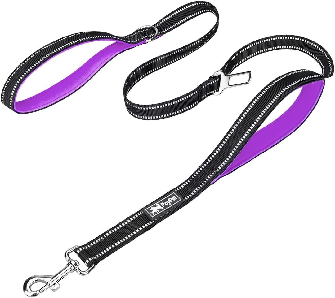 PoyPet 5 Feet Dog Leash - 3M Reflective - 2 Cushioned Handles - Functional Car Seat Belt (Purple)