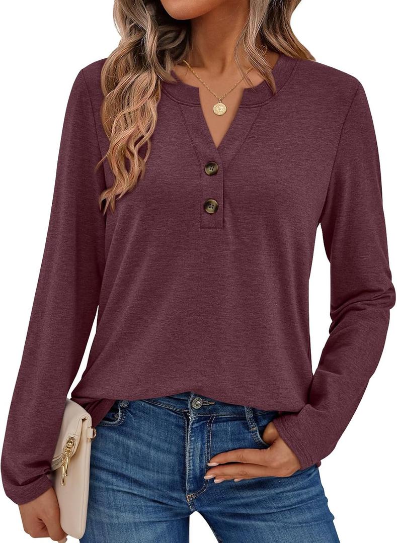 AUTOMET Women's Long Sleeve Shirts 2026 Spring Fashion Dressy Casual Tops Trendy Henley Blouses Cute Work Outfits Clothes (Red, L)
