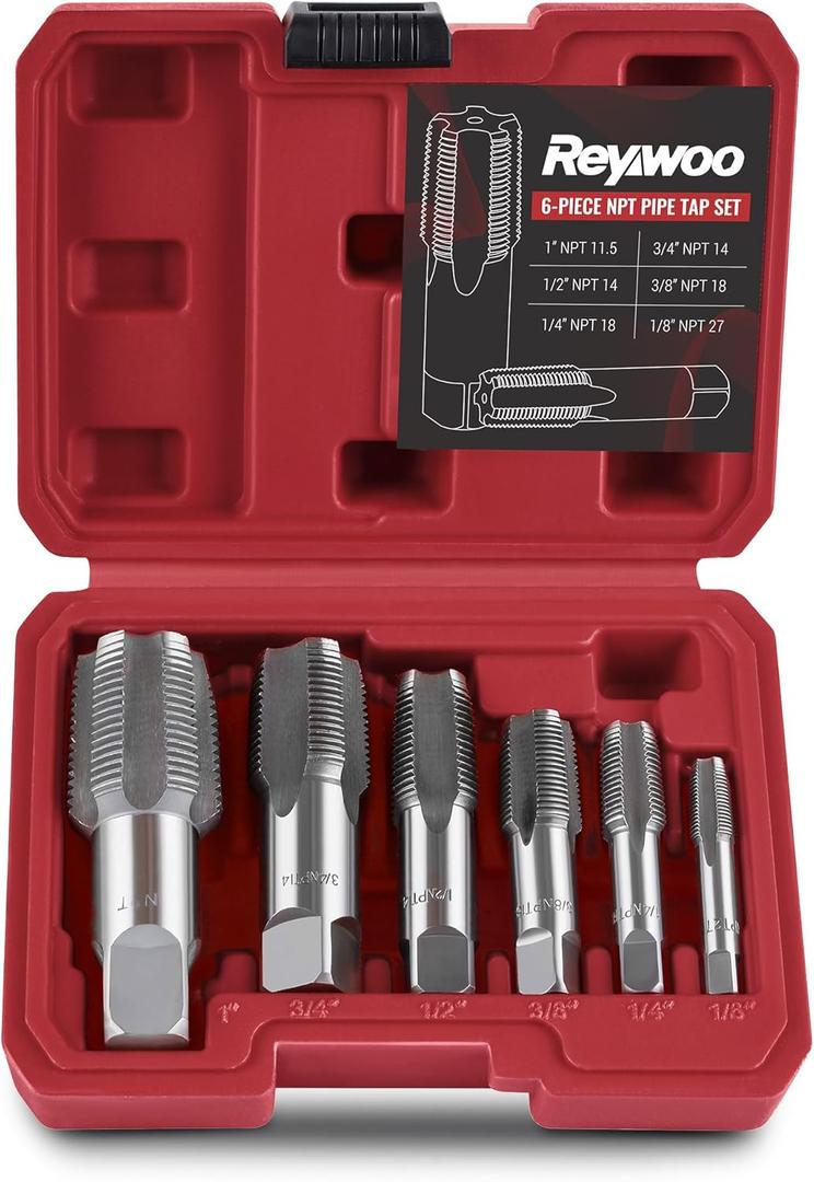 6-Piece NPT Pipe Tap Set, 1", 3/4", 1/2", 3/8", 1/4", 1/8" NPT Tap Set, Precision Carbon Steel Hand Threading Plumbing Tap Set for Clean Accurate Threads
