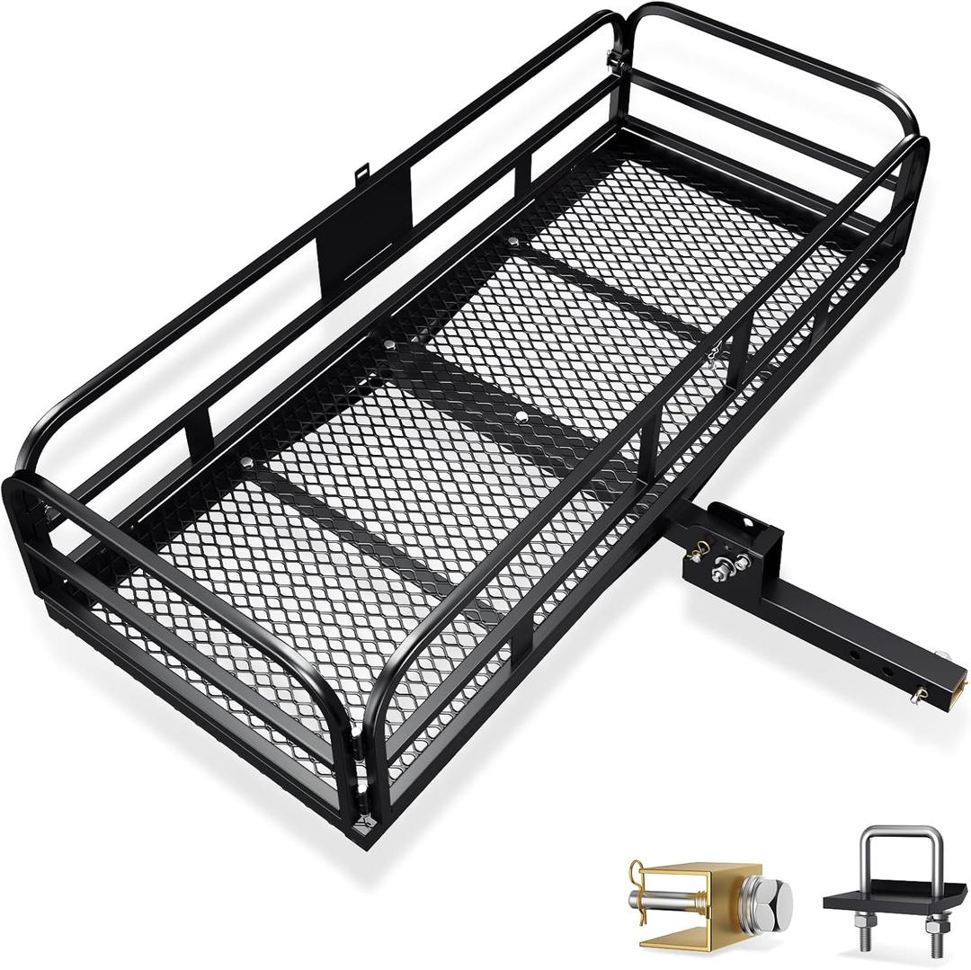 Hitch Mount Cargo Carrier Basket 500 LBS Folding Vehicle Cargo Baskets 60" x 24" x 14" Fits 2" Receiver with 2" Hitch Stabilizer for SUV, Pickup Truck, Trailer