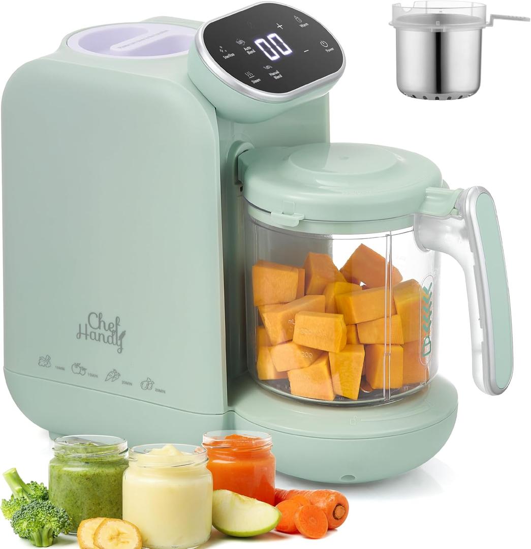 Chefhandy Baby Food Maker with Stainless Steel Steam Basket | 5-in-1 Baby Food Processor, Steamer & Blender for Homemade Baby Food, BPA-Free, 6 Reusable Pouches, Ideal for Newborns & Infants, Green